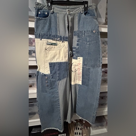 Jaded Gypsy Denim - Jaded Gypsy Women's Relaxed Patchwork Denim Jeans in Blue with Cream Accents